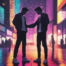 An image that shows two guys in love but experiencing heartbreak, set against a backdrop of city lights and party lights