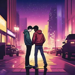 An image that shows two guys in love but experiencing heartbreak, set against a backdrop of city lights and party lights