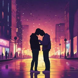 An image that shows two guys in love but experiencing heartbreak, set against a backdrop of city lights and party lights