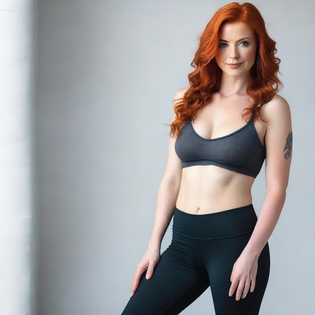 A redheaded woman wearing a bra and leggings, posing confidently