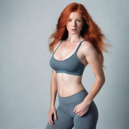 A redheaded woman wearing a bra and leggings, posing confidently