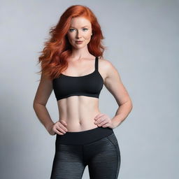 A redheaded woman wearing a bra and leggings, posing confidently