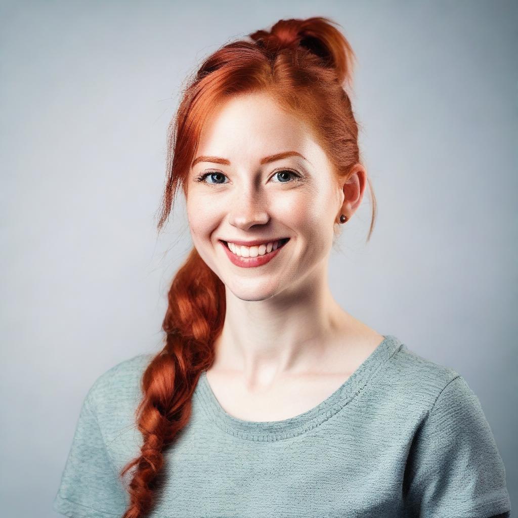 A young woman in her 20s with red hair tied in a ponytail