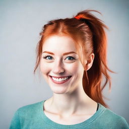 A young woman in her 20s with red hair tied in a ponytail