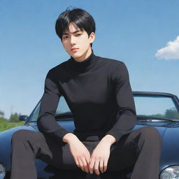 Multiple illustrations of the third anime style male character with short black hair and visible abs through his turtleneck shirt, sitting on top of a car.