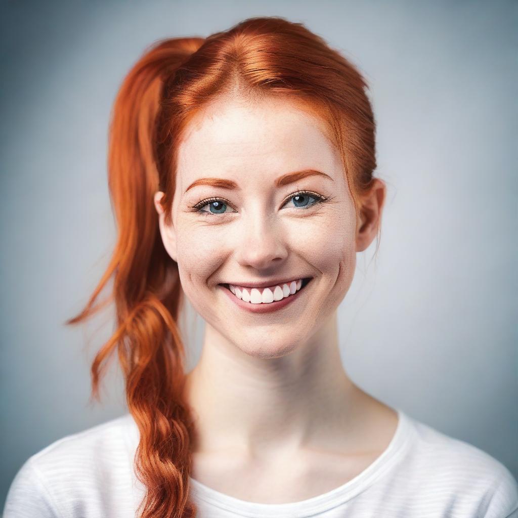 A young woman in her 20s with red hair tied in a ponytail