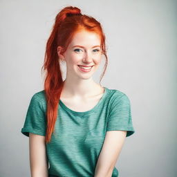 A young woman in her 20s with red hair tied in a ponytail