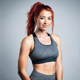 A young woman in her 20s with red hair tied in a ponytail