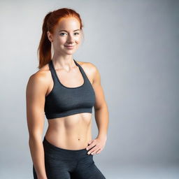 A young woman in her 20s with red hair tied in a ponytail