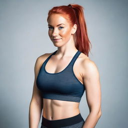 A young woman in her 20s with red hair tied in a ponytail