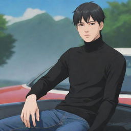 Multiple illustrations of the third anime style male character with short black hair and visible abs through his turtleneck shirt, sitting on top of a car.