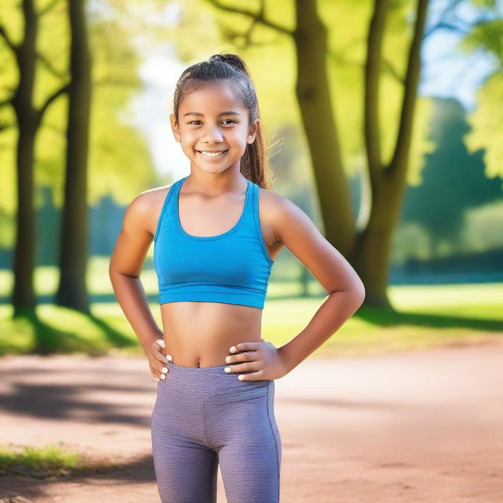 A 12-year-old girl is wearing a sports bra and leggings, standing confidently with a joyful expression