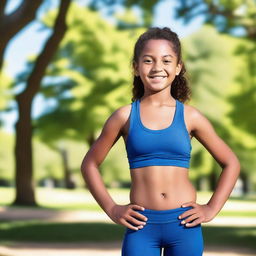 A 12-year-old girl is wearing a sports bra and leggings, standing confidently with a joyful expression