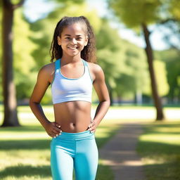 A 12-year-old girl is wearing a sports bra and leggings, standing confidently with a joyful expression