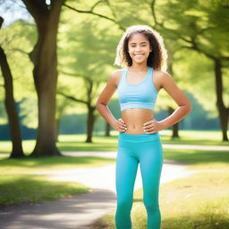 A 13-year-old girl is wearing a sports bra and leggings, standing confidently with a joyful expression