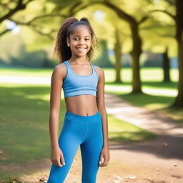 A 13-year-old girl is wearing a sports bra and leggings, standing confidently with a joyful expression