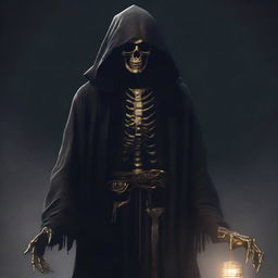 An old mage in dark, raw clothes, skinny like a skeleton