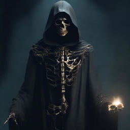 An old mage in dark, raw clothes, skinny like a skeleton