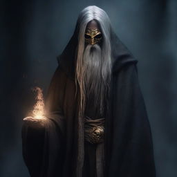 An old mage in dark, raw clothes, skinny with long grey hair