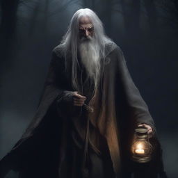 An old mage in dark, raw clothes, skinny with long grey hair