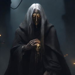 An old mage in dark, raw clothes, skinny with long grey hair