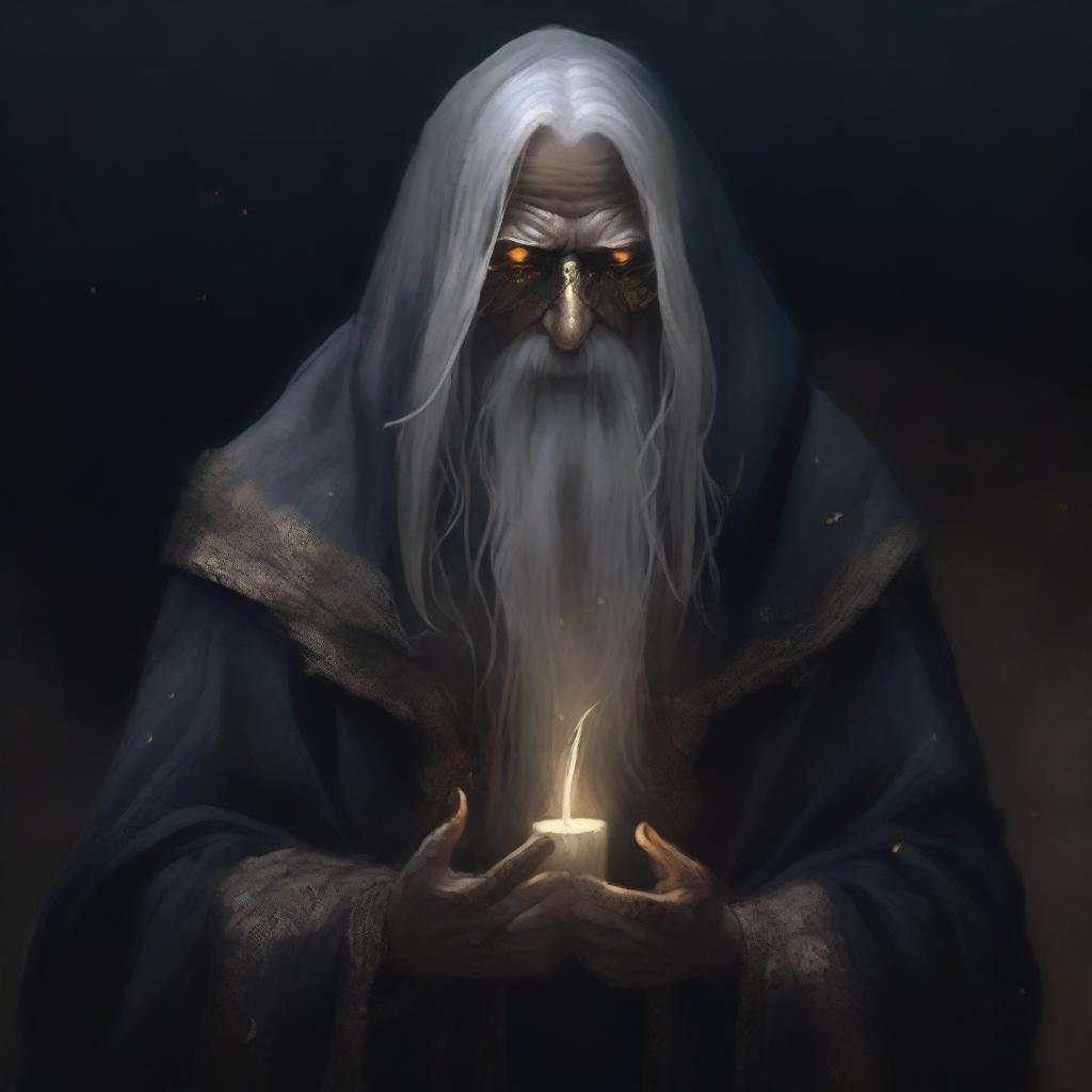 An old mage in dark, raw clothes, skinny with long grey hair