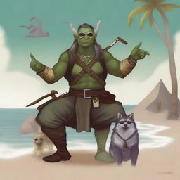 A D&D style half-orc ranger at the beach with a bow strapped to his back