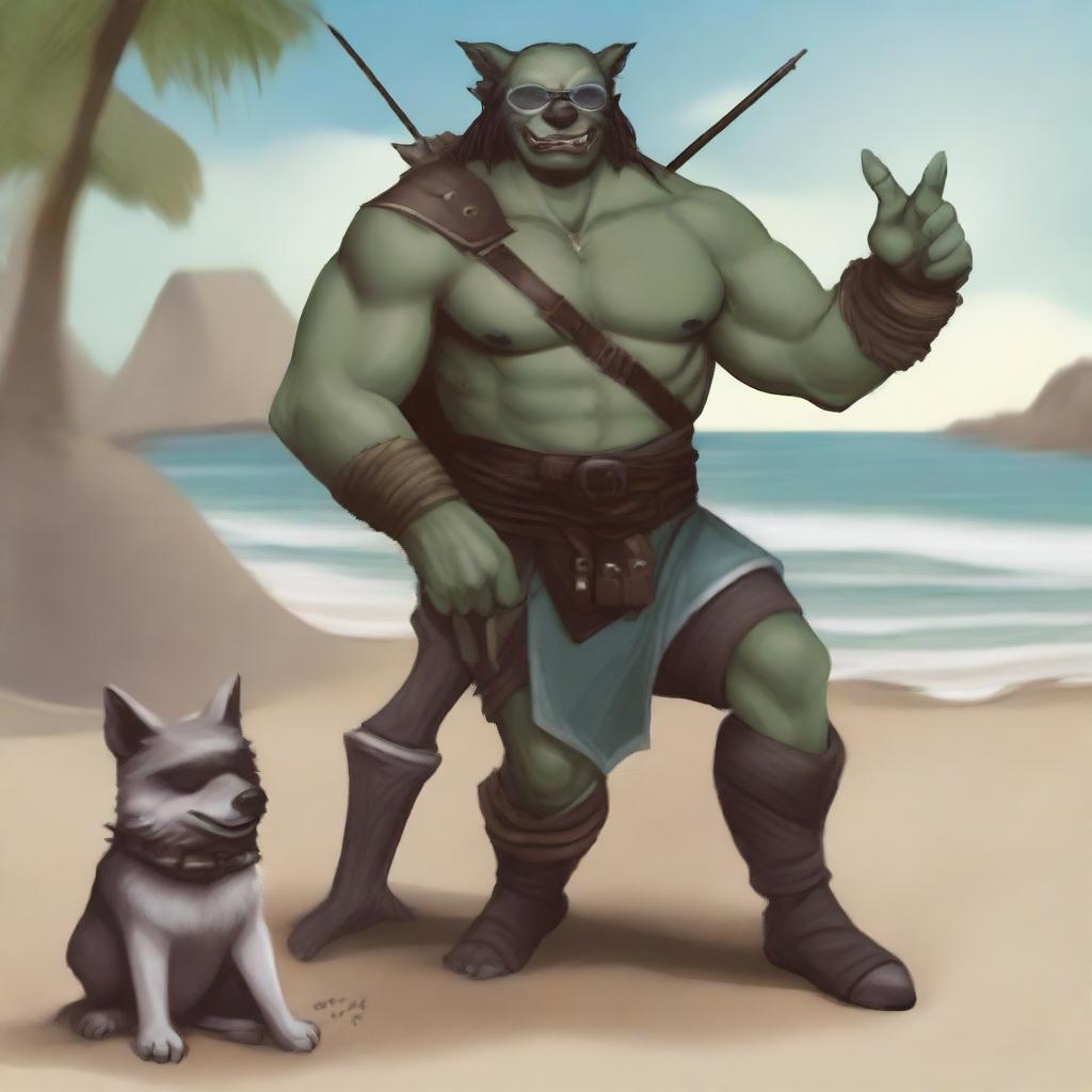 A D&D style half-orc ranger at the beach with a bow strapped to his back