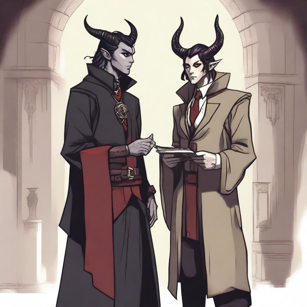 A Dungeons and Dragons style, fantasy-themed image of a half-elf warlock speaking to his patron