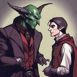 A Dungeons and Dragons style, fantasy-themed image of a half-elf warlock speaking to his patron