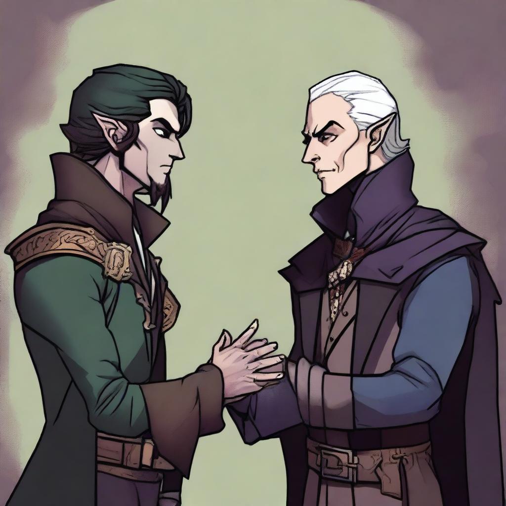 A Dungeons and Dragons style, fantasy-themed image of a half-elf warlock speaking to his patron