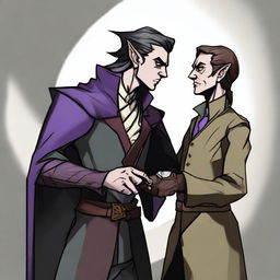 A Dungeons and Dragons style, fantasy-themed image of a half-elf warlock speaking to his patron