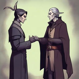 A Dungeons and Dragons style, fantasy-themed image of a half-elf warlock speaking to his patron