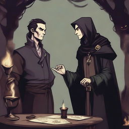 A Dungeons and Dragons style, fantasy-themed image of a half-elf warlock speaking to his patron