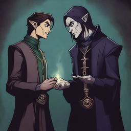 A Dungeons and Dragons style, fantasy-themed image of a half-elf warlock speaking to his patron