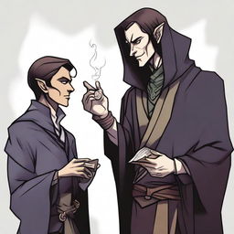 A Dungeons and Dragons style, fantasy-themed image of a half-elf warlock speaking to his patron