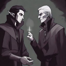 A Dungeons and Dragons style, fantasy-themed image of a half-elf warlock speaking to his patron