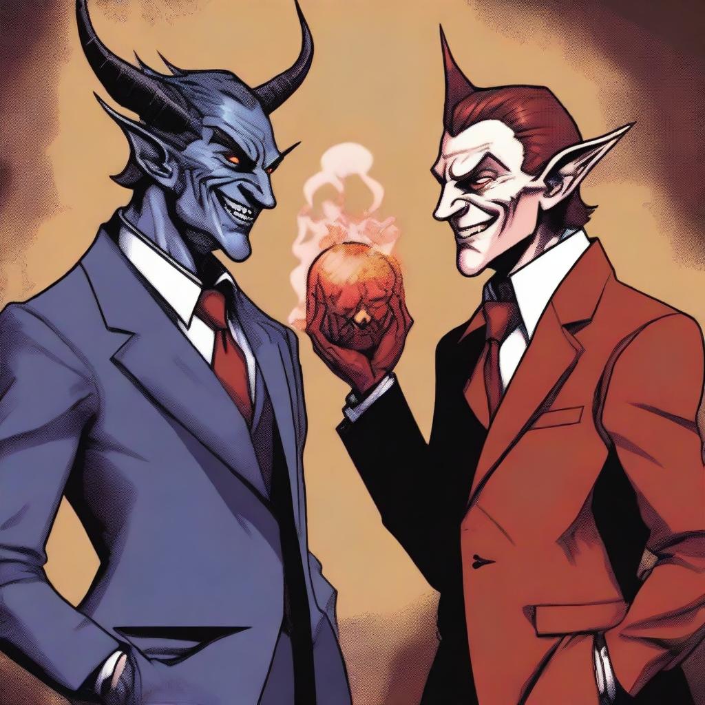 A Dungeons and Dragons style, fantasy-themed image of a half-elf warlock speaking to his patron, a devil figure wearing a full suit and tie, resembling a modern-day businessman