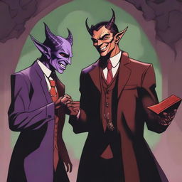 A Dungeons and Dragons style, fantasy-themed image of a half-elf warlock speaking to his patron, a devil figure wearing a full suit and tie, resembling a modern-day businessman