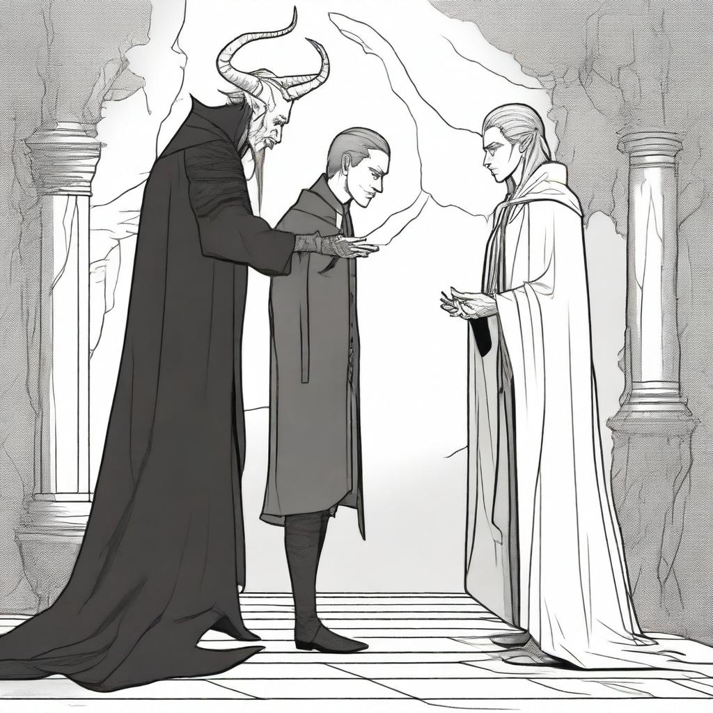 A half-elf warlock bowing to his patron, a devil wearing a full suit and tie