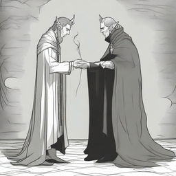 A half-elf warlock bowing to his patron, a devil wearing a full suit and tie