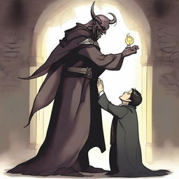 A half-elf warlock bowing to his patron, a devil wearing a full suit and tie