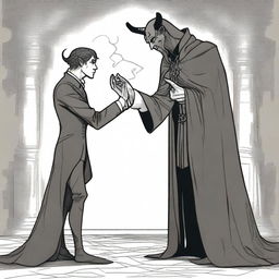 A half-elf warlock bowing to his patron, a devil wearing a full suit and tie