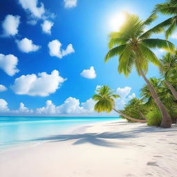 A beautiful paradise scene featuring a serene beach with crystal clear waters, white sand, and lush palm trees