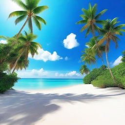 A beautiful paradise scene featuring a serene beach with crystal clear waters, white sand, and lush palm trees