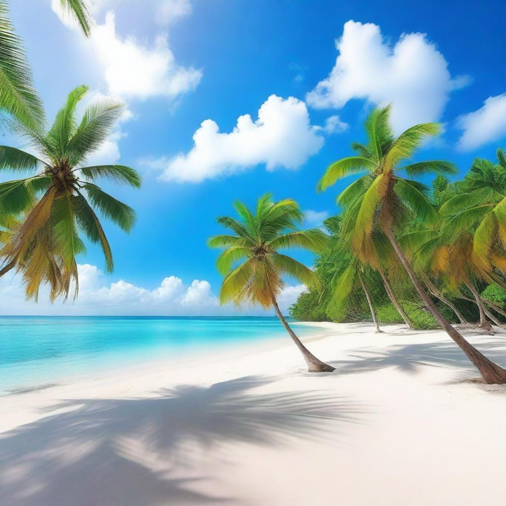 A beautiful paradise scene featuring a serene beach with crystal clear waters, white sand, and lush palm trees