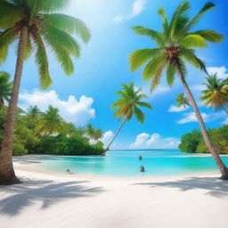 A beautiful paradise scene featuring a serene beach with crystal clear waters, white sand, and lush palm trees