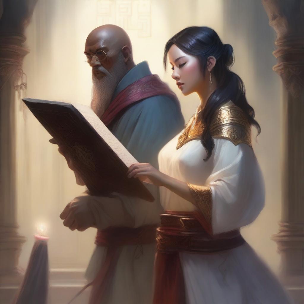 A Dungeons and Dragons style, fantasy-themed image of a human cleric wielding a mace and a holy book