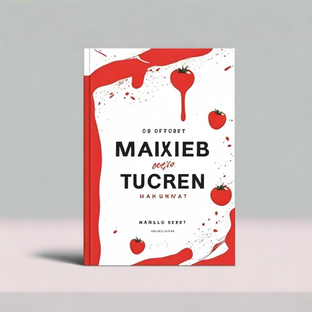 A minimalist kitchen book cover design featuring coffee stains and tomato splashes