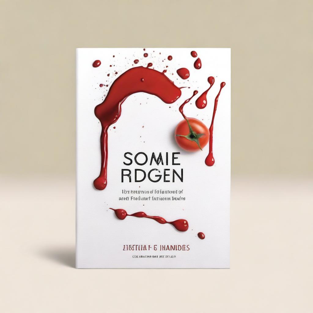 A minimalist kitchen book cover design featuring coffee stains, tomato splashes, and wine spills